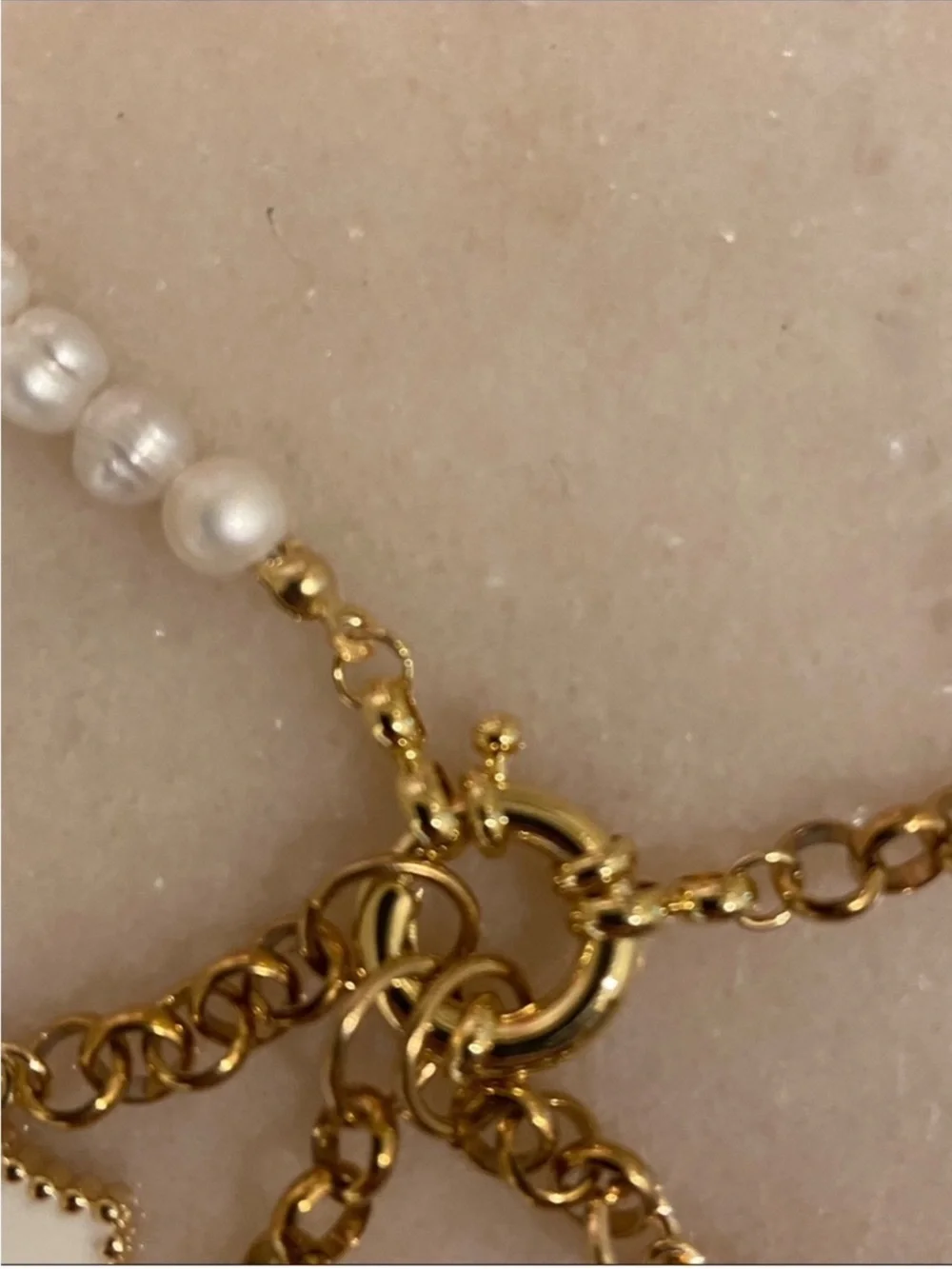 Gold Chain, Pearl Necklace & Chanel Pink Camellia Charm